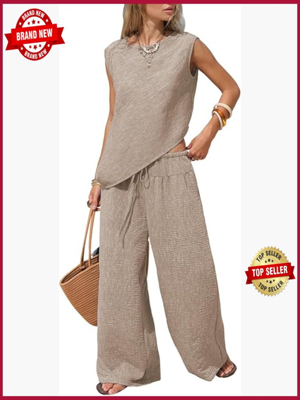 Women's Cotton Two Piece Set Asymmetrical Tank Wide Leg Pants Summer Outfit